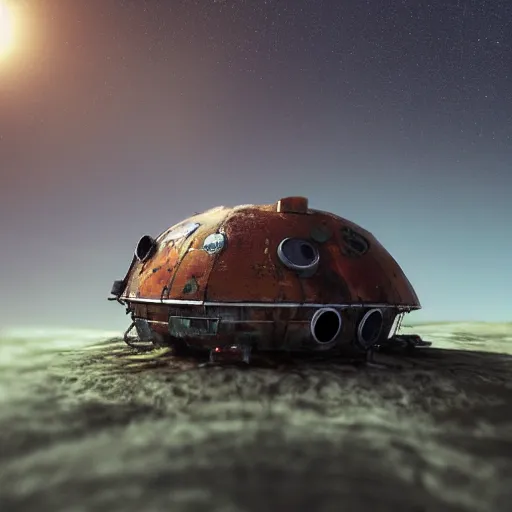 Prompt: photograph of a rusty generational spaceship landing on a new hopefully habitable planet.