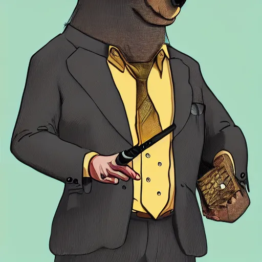 Prompt: a anthropomorphic bear beast - man in a suit smoking a cigar while drifting in a lamborghini, digital art
