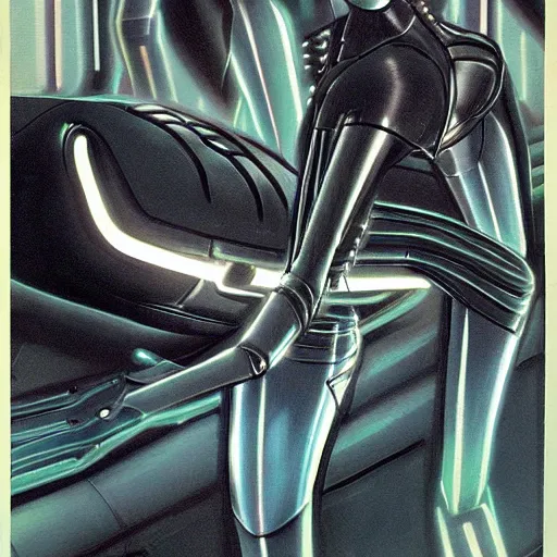 Image similar to painting of a female cop riding a futuristic motorcycle from tron by h. r. giger