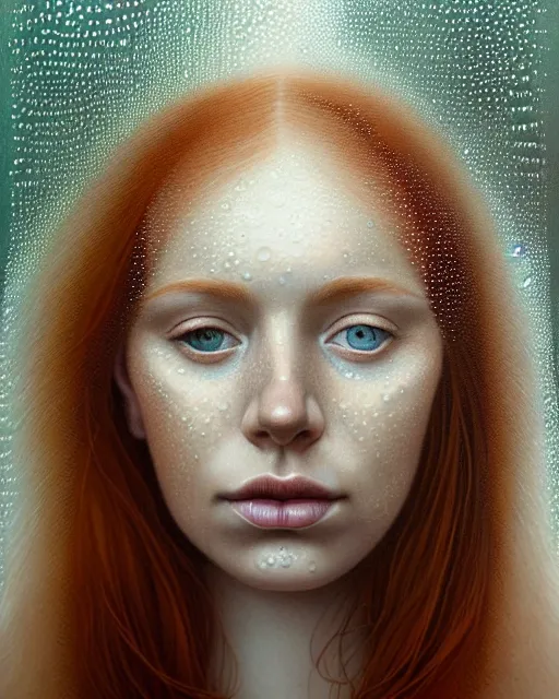 Image similar to portrait of an ethereal ginger freckled woman with water droplets, hypnotic eyes, with rain drop patterns, closeup, by mary jane ansell