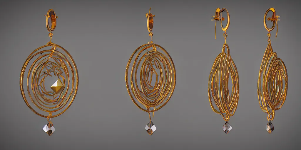 Image similar to magical earring design, jewelry design, wood, gold, crystals, nordic, material, product design, trending on artstation, cgsociety, photo realistic, design by ziva cph and isabel lennse, 8 k, unreal engine, c 4 d