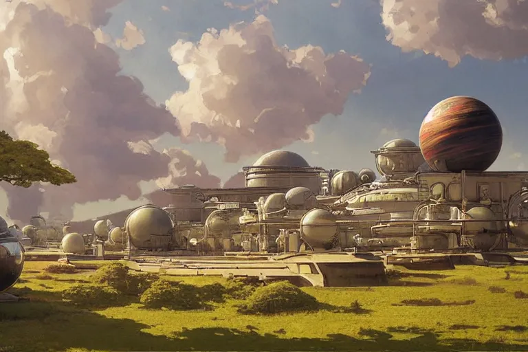 Prompt: a beautiful science fiction factory with a spherical design by starwars and army on a hill in the french countryside during spring season, highly detailed painting by studio ghibli hd and louis remy mignot, leyendecker, craig mullins, nice afternoon lighting, smooth tiny details, soft and clear shadows, low contrast, perfect