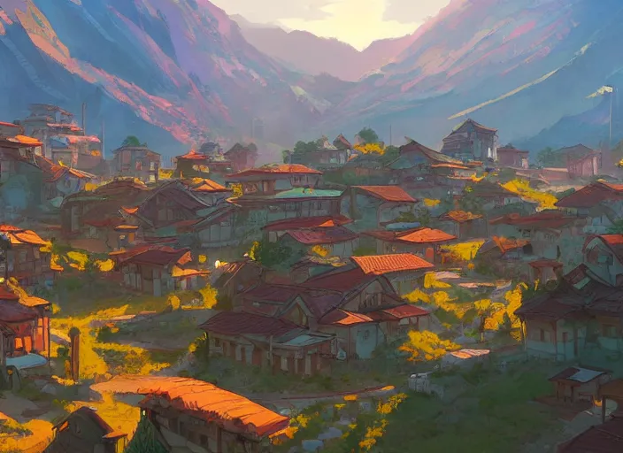 Prompt: concept art painting of a small village in a valley seen from above, european japanese buildings, early morning, cel shaded, detailed, realistic, by makoto shinkai and moebius and anton fadeev and james gurney