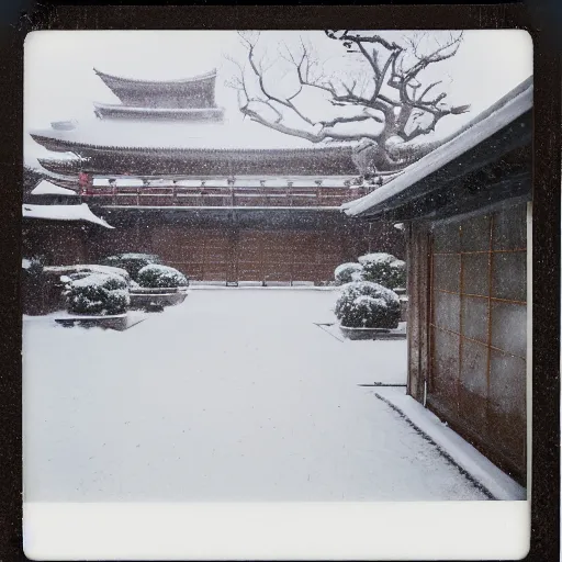 Prompt: atmospheric polaroid photograph of a snowy japanese courtyard