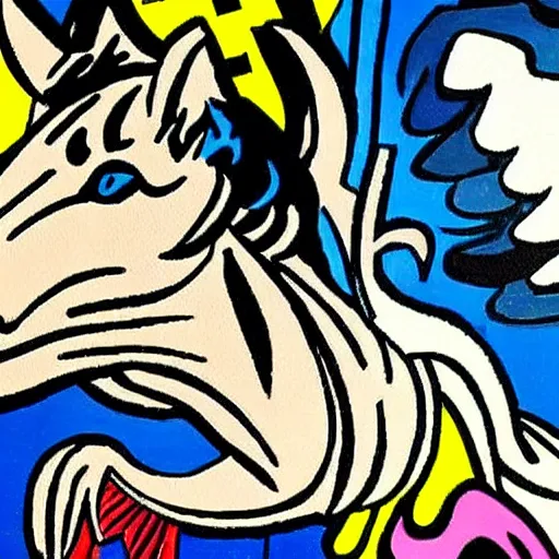 Prompt: Painting by Roy Lichtenstein of a german shepherd riding a horse 8k