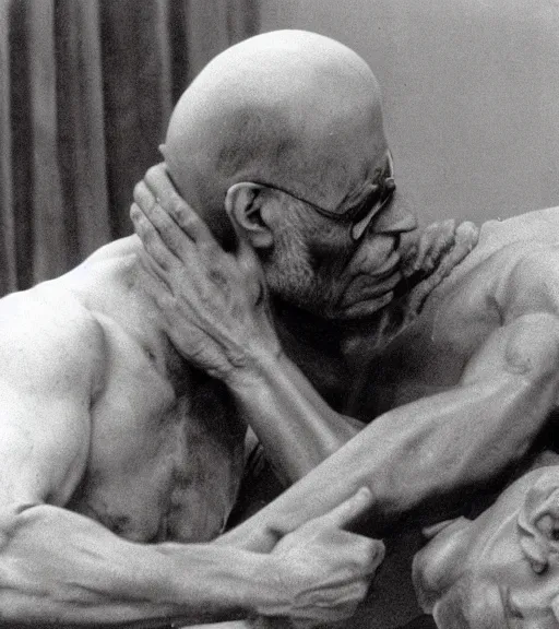 Image similar to full body, sigmund freud wrestling with michel foucault, sculpture by auguste rodin