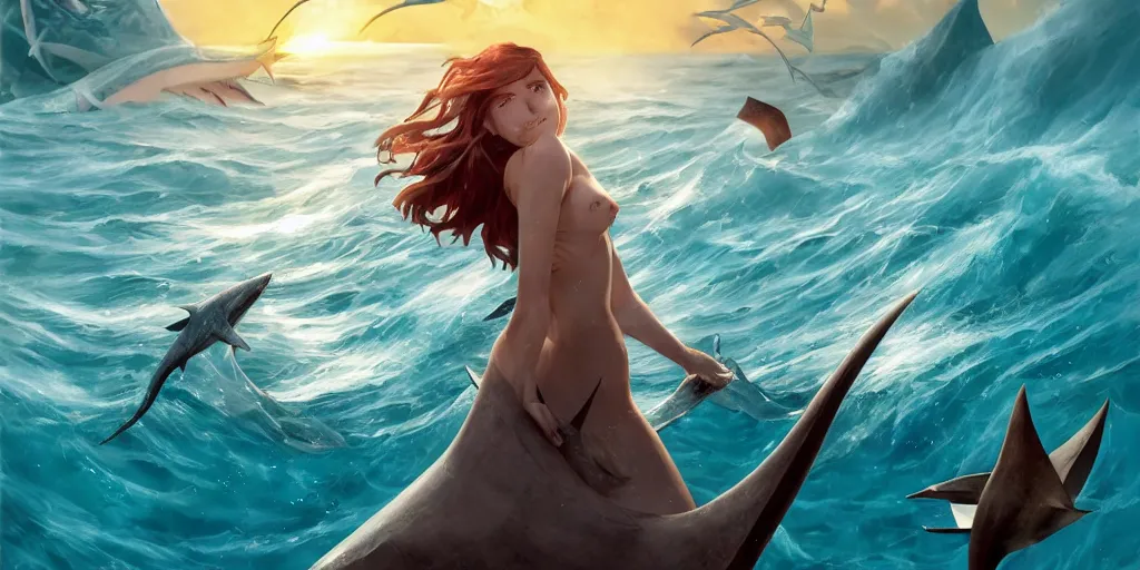 Image similar to close up of a extremely beautiful and aesthetic shark tooth and shark fin girl holding a symmetrical trident on the horizon, perfect face, symmetrical eyes, model pose, slightly smiling, sun set, big wave, big blade whale fighting against thorn sharks flying on the background, epic scene, fantasy illustrations, by peter mohrbacher and makoto shinkai and ferdinand knab