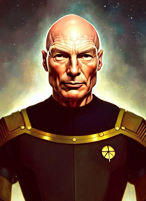 Prompt: Symmetry!! portrait of Captain Picard, warrior in sci-fi armour, tech wear, muscular!! Glowing lights!! sci-fi, intricate, elegant, highly detailed, digital painting, artstation, concept art, smooth, sharp focus, illustration, art by artgerm and greg rutkowski and alphonse mucha