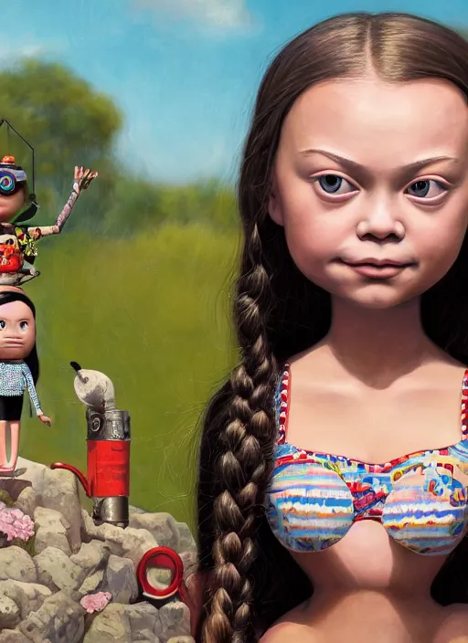 Image similar to closeup profile portrait of tin toy greta thunberg wearing a bikini, depth of field, zeiss lens, detailed, symmetrical, centered, fashion photoshoot, by nicoletta ceccoli, mark ryden, lostfish, breathtaking, 8 k resolution, extremely detailed, beautiful, establishing shot, artistic, hyperrealistic, octane render