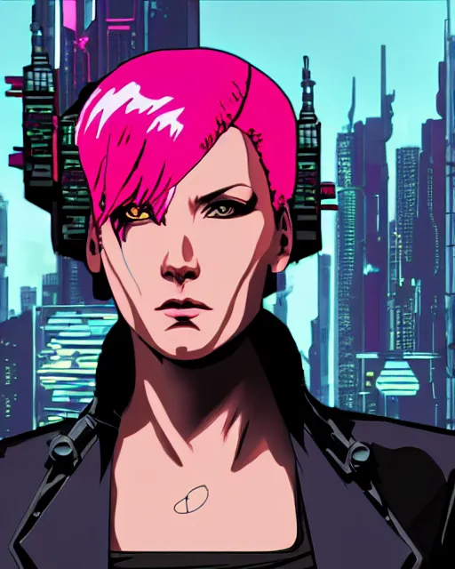 Prompt: a close up portrait of a single cyberpunk female assassin with pink hair weapon on a ready looking determined overlooking a cyberpunk city in the background, full face portrait comp[osition by Mike Mignola, Robbie Trevino, ellen jewett, Yoji Shinkawa