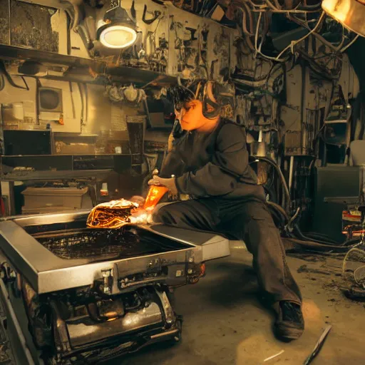 Image similar to technician repairing head of toaster oven mecha, dark messy smoke - filled cluttered workshop, dark, dramatic lighting, orange tint, cinematic, highly detailed, sci - fi, futuristic, movie still