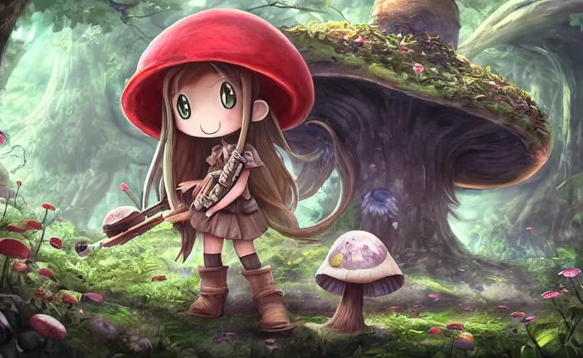 Prompt: cute little girl with an long hair wearing an mushroom hat and holding an cute cannon in the dark forest next to a sinister monster, cute artwork, clean detailed art, inspired made in abyss, detailed background, fantastic world, spectacular quality