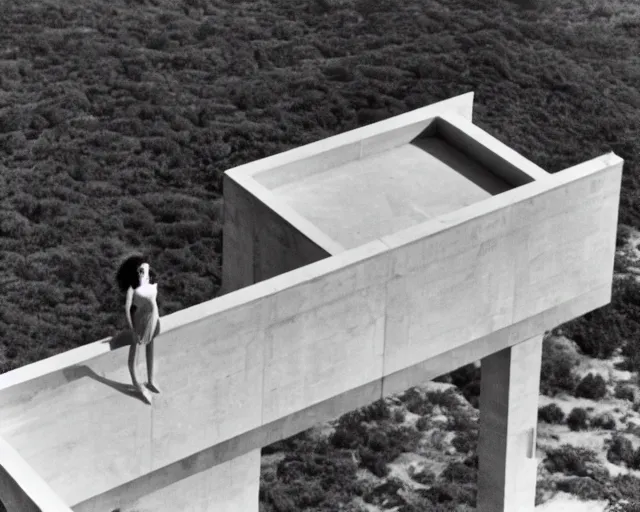 Image similar to a still of a young woman standing on a huge concrete white balcony, high above the ground, of a minimalist brutalist beach house, outside view, angle, clear sky and background, in the music video Wrapped Around your Finger (1983)