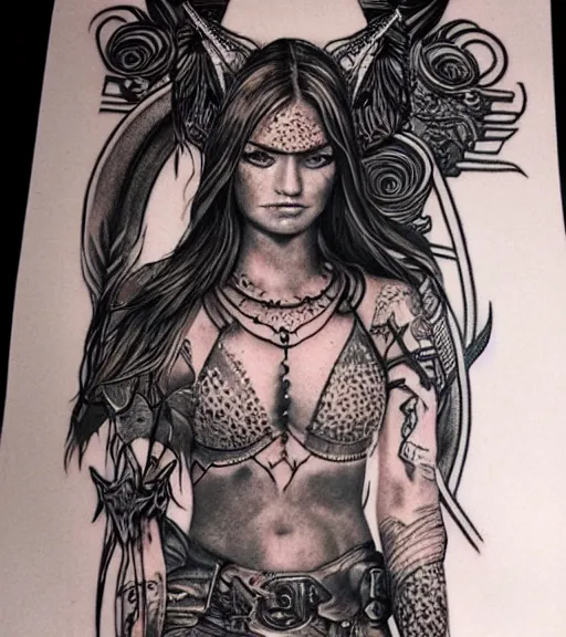 Image similar to tattoo design of a hyper realistic beautiful girl warrior, hyper detailed, inspired by eliot kohek, on white background