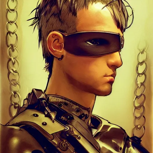 Image similar to portrait of a young white hero using his right arm to hold his sword covering his eye by yoji shinkawa, high quality, extra details, realism, ornate, colored, golden chain, blood, white skin, short hair, brown eyes, vivid, sunlight, dynamic, american man, freedom, white american soldier, painting, cybernetics, military