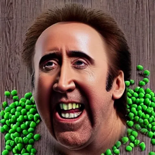 Prompt: nicolas cage trapped in a wicker cage screaming with a mouth full of peas