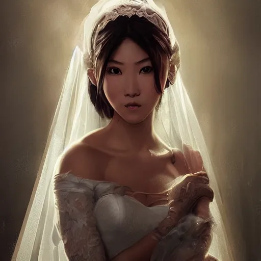 Image similar to cindy moon in a wedding dress, cg animation, riot entertainment, arcane, realistic, character select portrait, by artgerm, greg rutkowski, alphonse mucha, 3 d