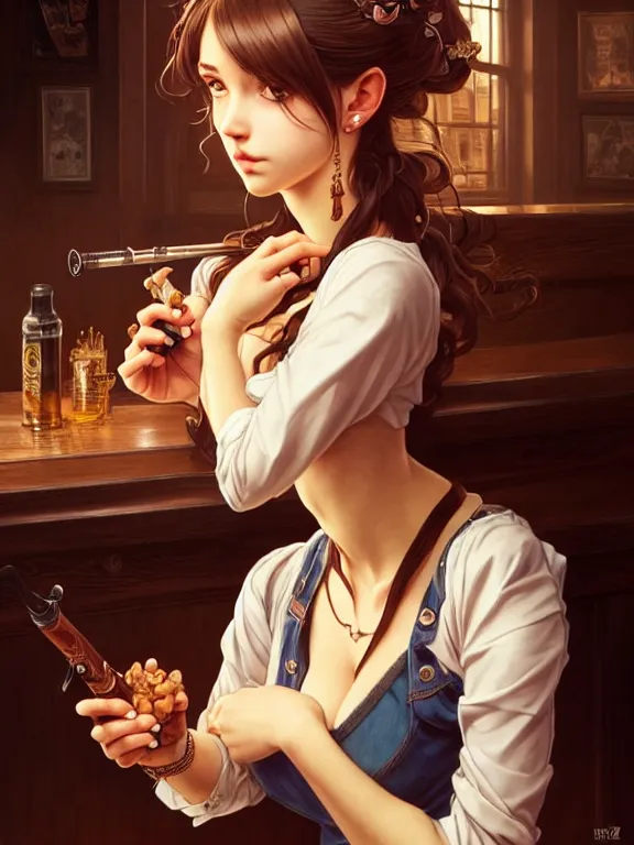 Image similar to full body picture of a girl with tobacco pipe in the bar rounge, bored, beautiful and aesthetic, intricate, unreal engine, messy hair, highly detailed, detailed face, smooth, sharp focus, chiaroscuro, manga illustration, artgerm, greg rutkowski, ilya kuvshinov, rossdraws, alphonse mucha, young adult light novel cover art