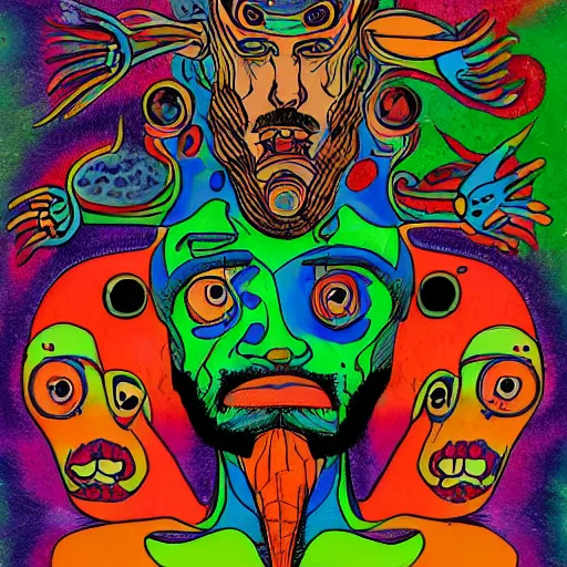 Prompt: a man with a psychedelic face with many deformed and chaotic monsters on his face