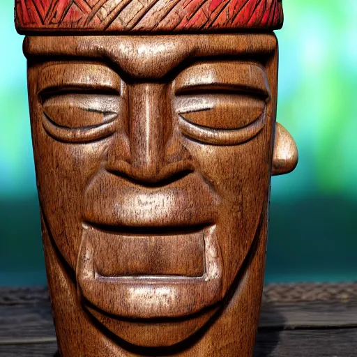 Image similar to a photorealistic photograph of a Trader Vic's tiki mug featuring Jane Seymour at a Tiki bar daybreak- Trending on Artstation, featured on Behance, well-rendered, Unreal Engine, 4K HD