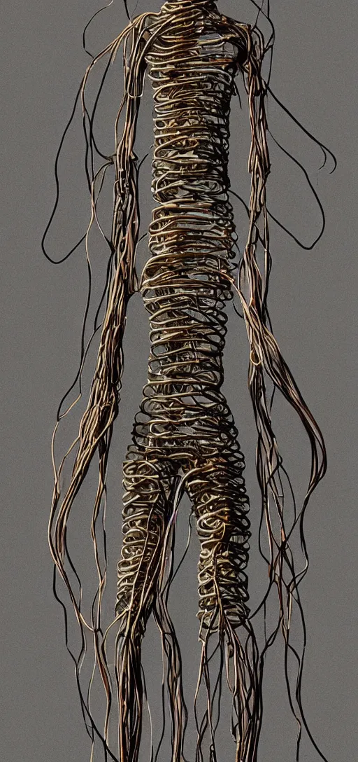 Image similar to human made out of wires and machinery, body horror, creepy, disturbing, dark,