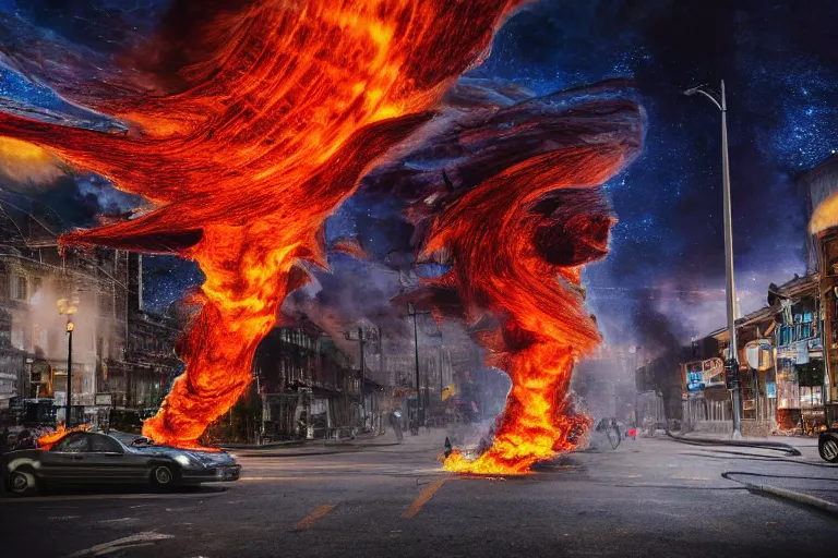 Image similar to destructive fire tornado in the city, photorealistic, highly detailed, sharp focus, vivid, colorful, symmetrical, random, convoluted, mind - blowing, creative, fully functional, end of the world, physics defying, amazing, global warming, night sky