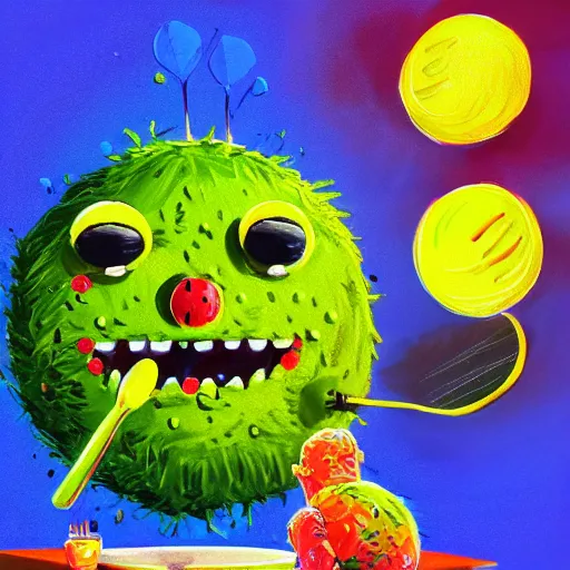 Image similar to a tennis ball monsters eating pancakes, colorful, digital art, fantasy, magic, chalk, trending on artstation, ultra detailed, professional illustration by basil gogos