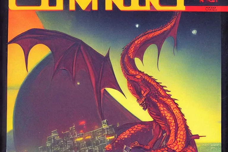 Image similar to 1979 OMNI Magazine Cover of a dragon wearing robes in neo-tokyo style by Vincent Di Fate