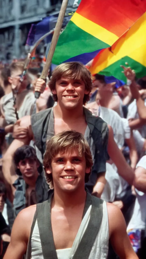 Image similar to rotj luke skywalker goes to pride, getty images, victorious, flags, parade, gay rights, bright smiles, daylight, twenty three year old luke skywalker at gay pride, 3 5 mm photography, very happy, smiling