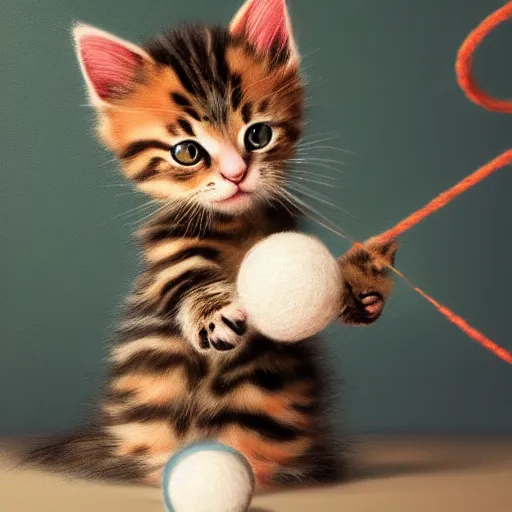 Prompt: beautiful digital realistic painting of a cute kitten playing with a ball of yarn painted by Alexander Jansson, colorful,4k unreal engine, Trending on artstation