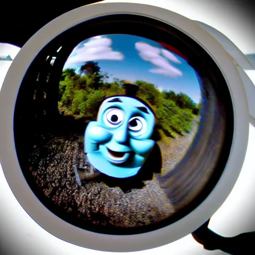 Prompt: creepy found footage of Thomas the tank engine super close up zoom fish eye staring at you terrifying backrooms horror