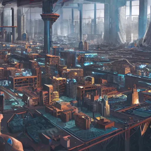 Image similar to large group people in a huge warehouse, gathered around a tabletop city | cinematic concept art | godrays | 4 k | clear details | tabletop | hologram foreground