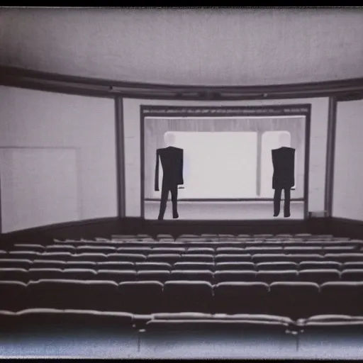 Image similar to Two male silhouettes on an empty theatre stage, polaroid picture, colour, bright