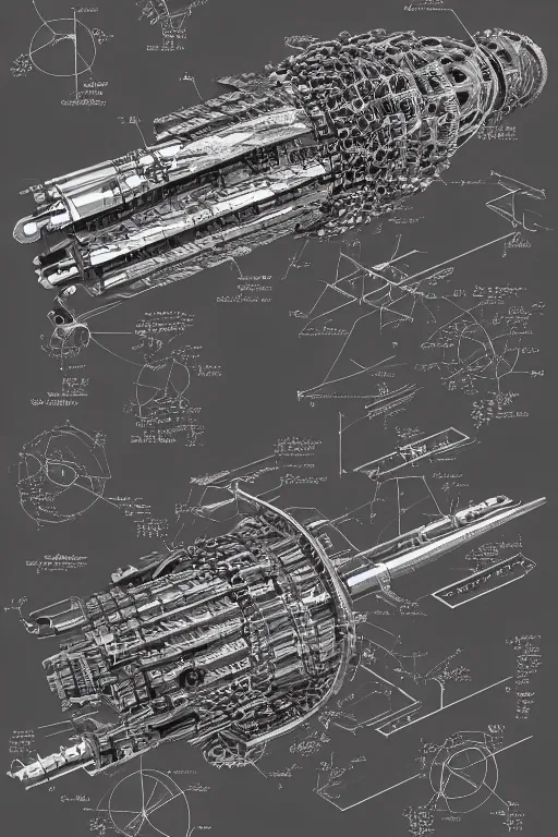 Image similar to aesthetically pleasant technical drawing of an open - source nuclear weapon machinery, hyperdetailed, complex, intricate, exploded view!!, 4 k, trending on artstation