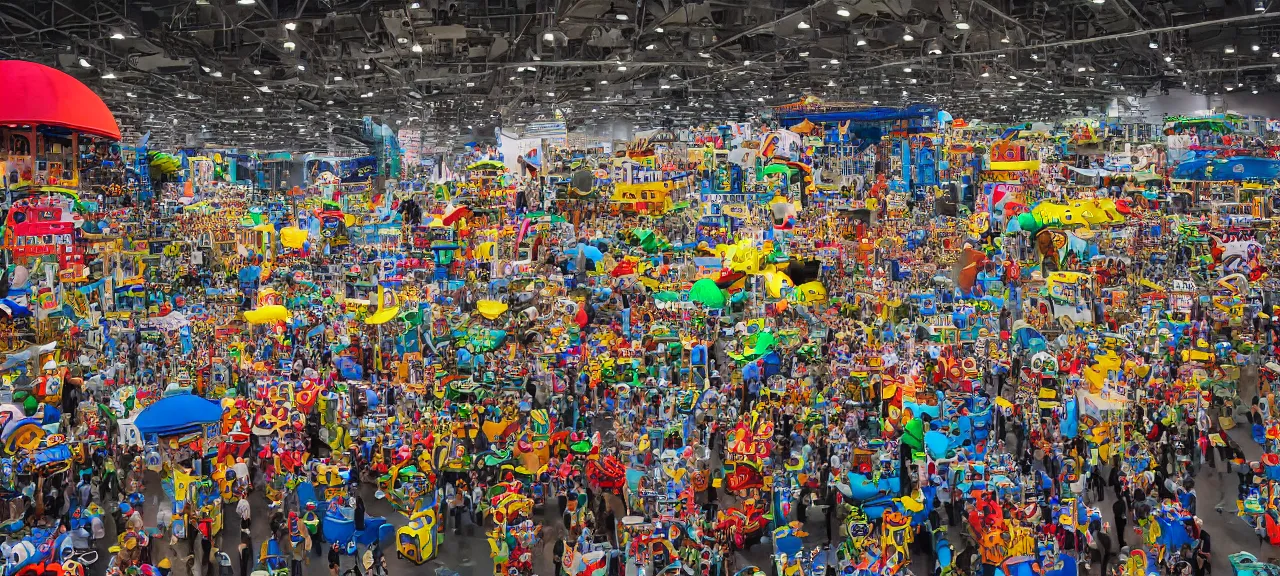 Image similar to Journalistic photography from huge exhibition room with thousands of different detail crafted secret gadgets toys and conundrums and puzzles,details, realistic colorful photography