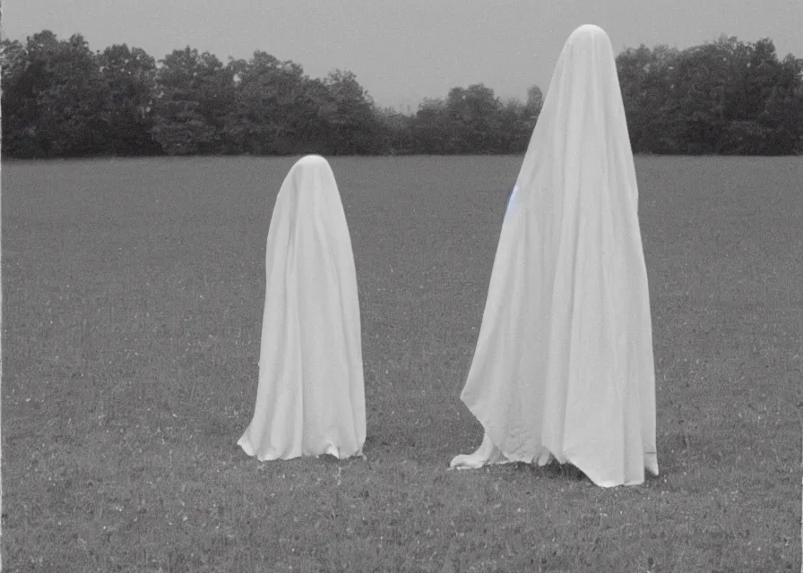 Image similar to white sheet ghost standing in an empty field, by jean charlot