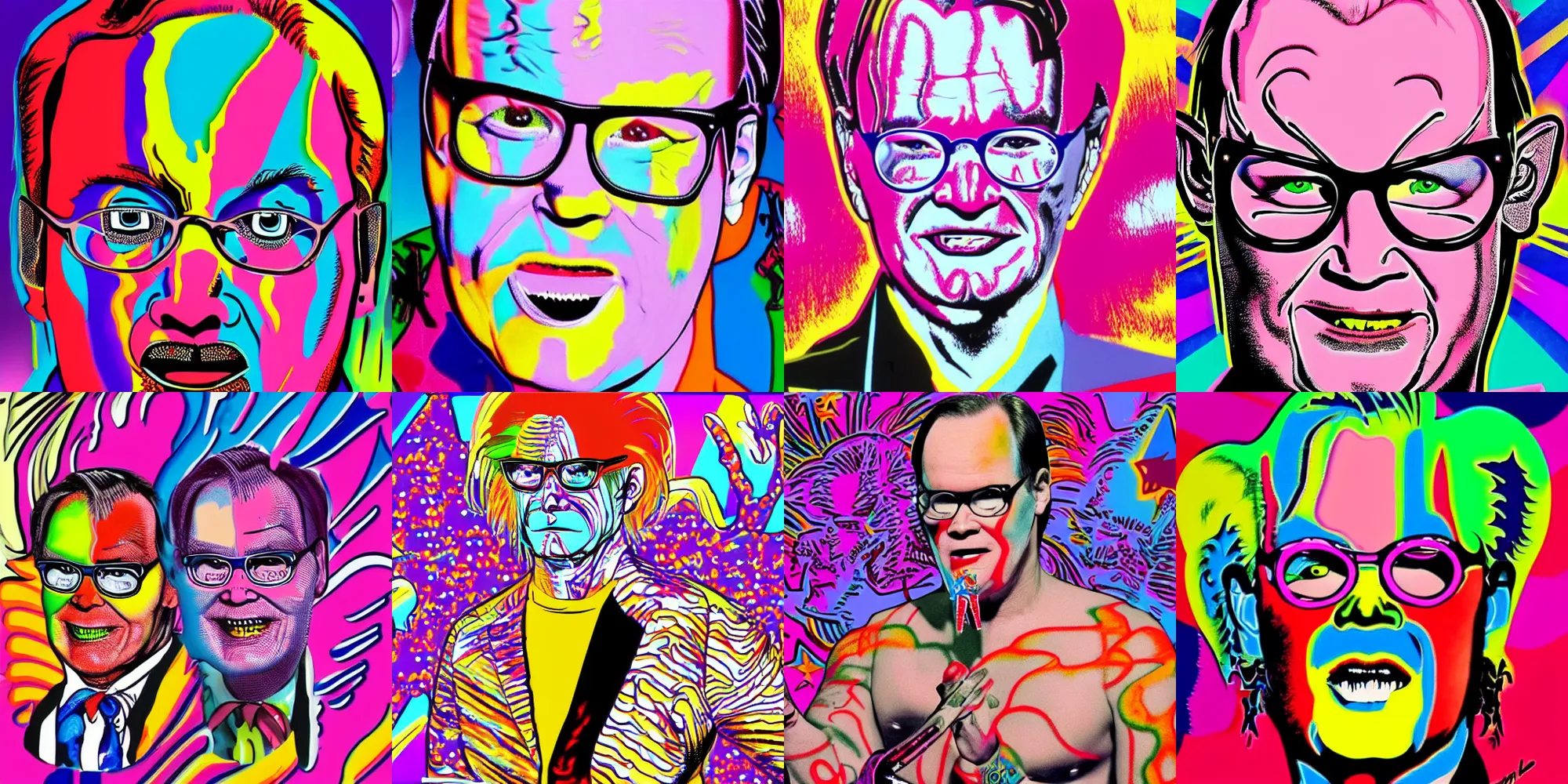 Prompt: jim cornette transforming into a demon, pop art, demonic, lisa frank, andy warhol, painted, thick lines, 8 k, demonic, patterned background