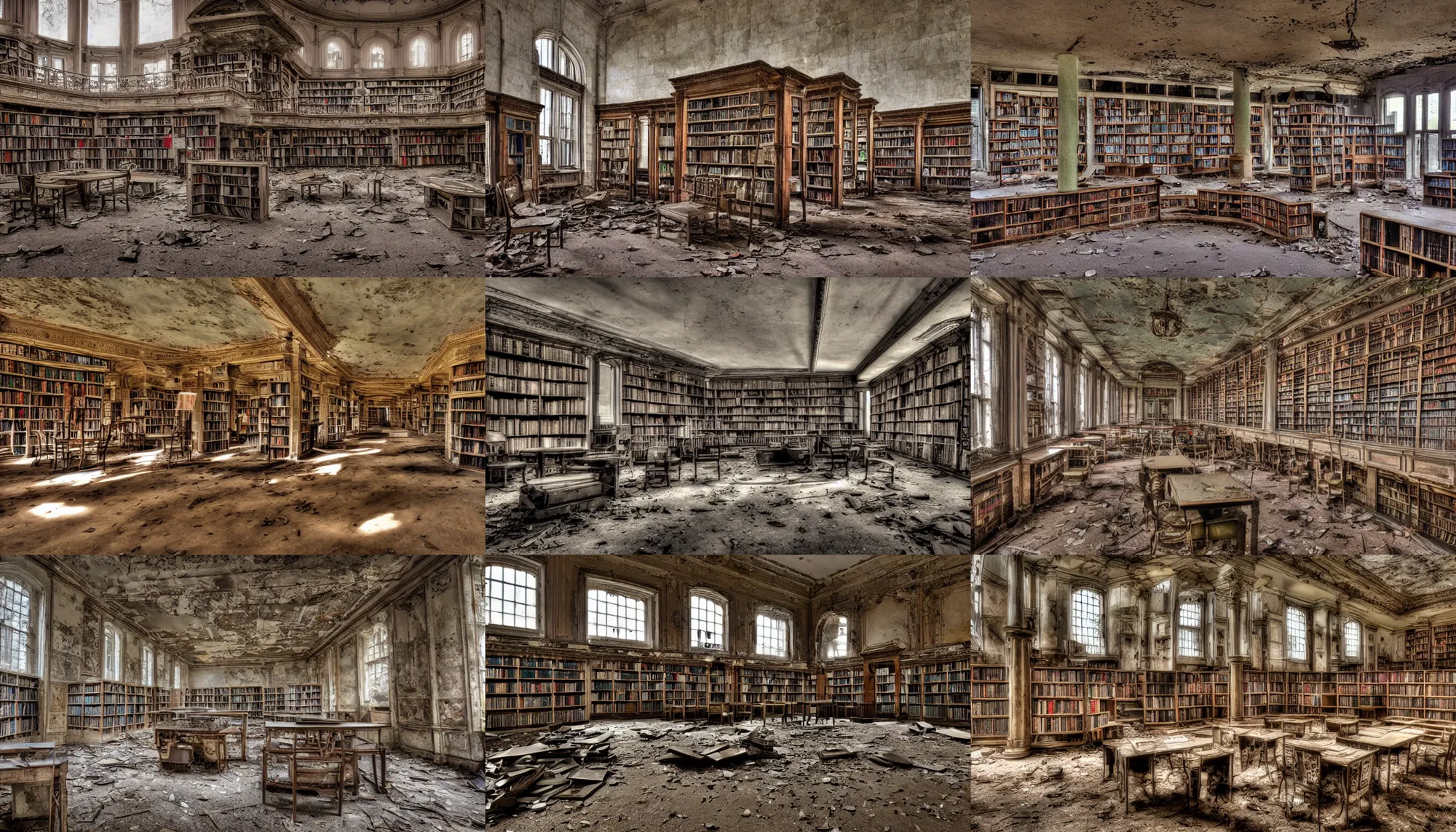 Prompt: An abandoned library