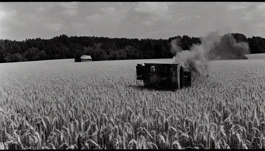 Image similar to 1 9 7 0 s movie still of a heavy burning house in a wheat field, cinestill 8 0 0 t 3 5 mm, high quality, heavy grain, high detail, texture, dramatic light, ultra wide lens, panoramic anamorphic, hyperrealistic