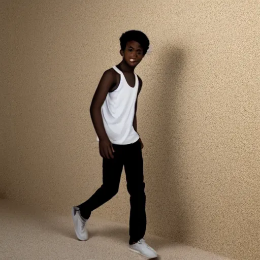 Prompt: black teenage boy wearing a white tank top, walking in a room with yellow walls and brown carpet