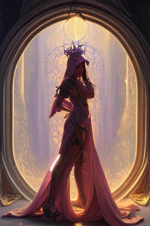 Prompt: painting of a shy hooded noon succubus in front of a dimensional portal, decorated, intricate, elegant, highly detailed, digital painting, artstation, concept art, smooth, sharp focus, illustration, art by artgerm and greg rutkowski and alphonse mucha, 8 k