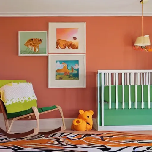 Image similar to interior design baby room, orange and green pastel colours, sunset, safari animals, lion water colours pictures against wall, wood cot and shelves with rocking chair