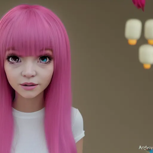 Prompt: A Selfie portrait of Nikki from Shining Nikki and Love, a cute 3d cgi toon young woman with long light pink hair, full bangs, hazel eyes, full face, light makeup, pale skin, Chinese heritage, cute outfit, medium shot, mid-shot, hyperdetailed, 8k, trending on artstation, as a Pixar character