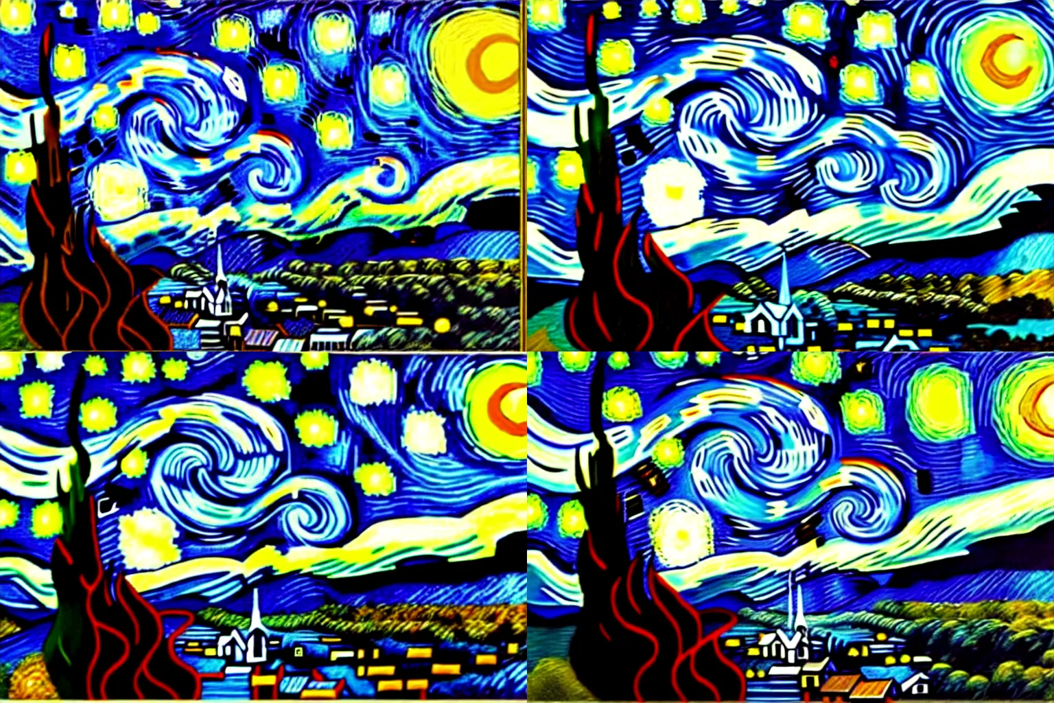 Prompt: van goghs starry night in the style of dan mumford and josan gonzalez