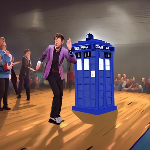 Prompt: the David Tennant as Doctor Who at a polka dancing contest at the YMCA basketball gym, everyone in the background clapping including a Dalek, in the background the Tardis door is wide open, high energy, polka, cgsociety, artstation, UE5, 8K, 4K, HQ