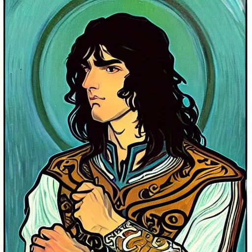 Image similar to painting of young handsome beautiful paladin elf! man with long wavy dark hair in his 2 0 s named shadow taehyung at the blueberry party, wearing armor!, elegant, clear, painting, stylized, delicate, soft facial features, art, art by alphonse mucha, vincent van gogh, egon schiele,