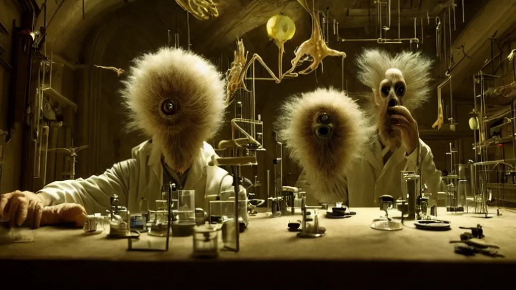 Image similar to a mad scientist in his lab, creates a creature, film still from the movie directed by denis villeneuve and david cronenberg with art direction by salvador dali and agostino arrivabene, wide lens