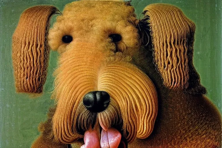 Image similar to portrait of airedale terrier. painting by giuseppe arcimboldo