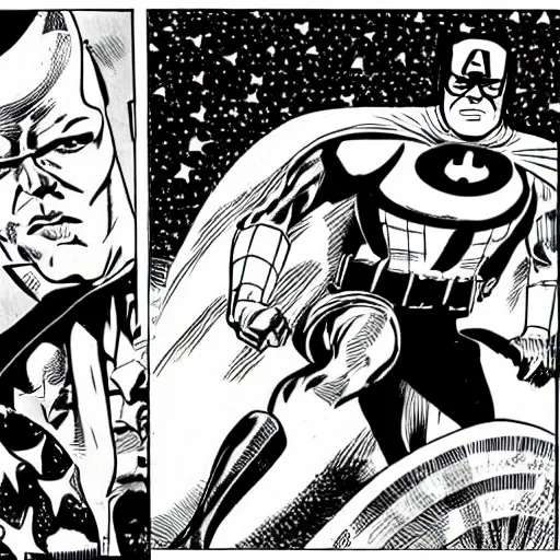 Image similar to Captain America is arresting Batman, silver age of comics, Jack kirby illustration, comicbook pane