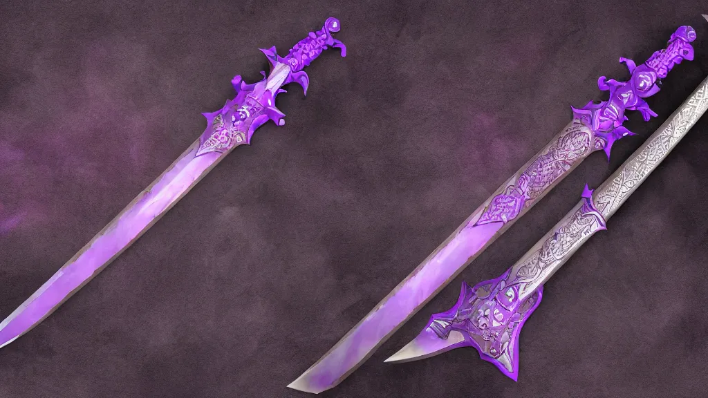 Prompt: medieval broad sword, purple aura, purple inscription, intrinsic design, hyper detailed, 4 k, 8 k